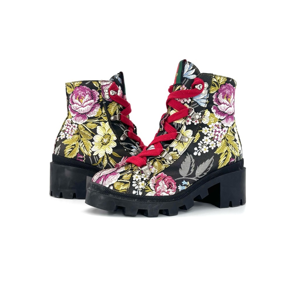 Gucci Trip Floral Jacquard Lug Sole Lace Up Ankle Boots 37.5 - Picture 4 of 9